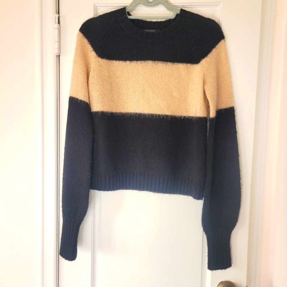 Allsaints Women's Black Lou Uno Striped Wool Long-Sleeve Sweater Size Small